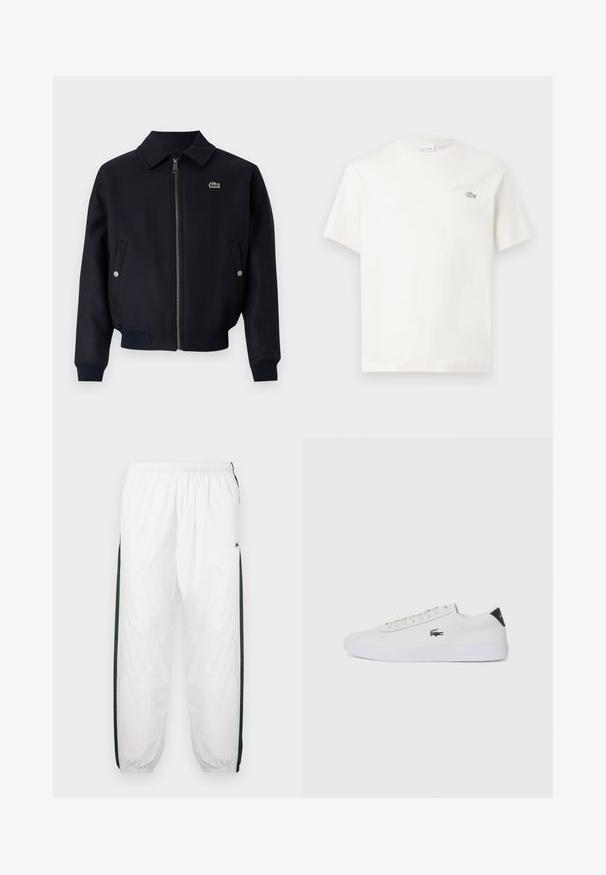 Tamnoplava zip-jakna s ovratnikom, rebrastim manžetama, bočnim džepovima i malim zelenim logotipom na lijevoj strani prsnog dijela. Tekstura tkanine.; Bijela pamučna majica s kratkim rukavima, s diskretnim izvezenim logom i minimalističkim dizajnom. Mekana tekstura, okrugli izrez.; Bijele trenirke s tamnozelenim bočnim trakama. Lagani materijal, elastičan pojas i manžetne na rubovima. Sadrže mrežastu teksturu na bočnim trakama.; Bijele kožne tenisice s okruglim vrhom, vezanjem sprijeda i crnim detaljem na peti. Imaju mali izvezeni logotip krokodila s bočne strane.