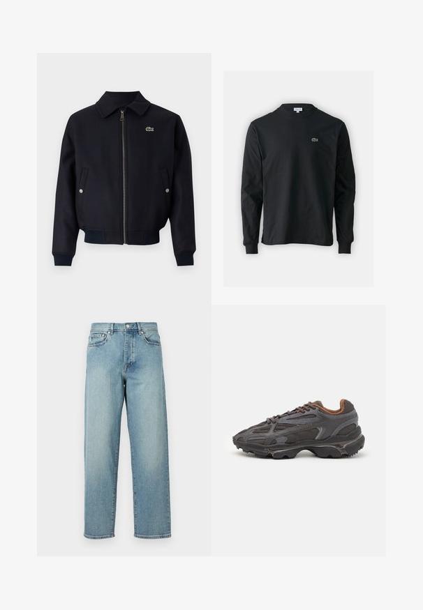 Sötétkék zipzáras dzseki, galléros nyakkal, bordás mandzsettákkal, oldalsó zsebekkel és egy kis zöld logóval a bal mellrészen. Texturált anyag.; Fekete hosszú ujjú pamut póló, kerek nyakkivágással, bal mellen egy kis zöld hímzett krokodil logóval.; Világoskék farmernadrág laza szabással, egyenes lábakkal, öt zsebes dizájnnal és gombos derékkal. Minimalista varrási részletek.; Sötét szürke Lacoste sportcipők hálós és szintetikus anyagból, textúrázott talppal és barna díszítésekkel a nyak részen és a logón.