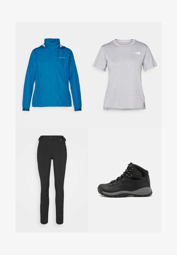 Blauwe waterdichte jas met hoge kraag, verstelbare capuchon, ritszakken en elastische manchetten. Gladde textuur en minimalistisch ontwerp.; Grijze T-shirt met korte mouwen, gemaakt van zachte, vochtabsorberende stof. Heeft een ronde hals en een klein wit logo op de bovenste linkerzijde.; Zwarte, strakke broek gemaakt van een flexibel materiaal. Kenmerken zijn onder andere een ritszak aan de zijkant, gebogen knieën en een gladde textuur.; Zwarte wandelschoen met een mid-top ontwerp, voorzien van een gestructureerde bovenkant, grijze accenten en een duurzame rubberen zool met gripnoppen.
