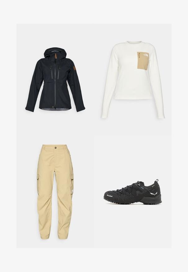 Veste noire imperméable avec capuche, deux poches poitrine zippées et zips avec tirettes en cuir marron. Texture lisse avec des poignets ajustables.; Chemise blanche à manches longues en tissu texturé avec une poche plaquée beige dotée d'un cordon de serrage et d'un logo.; The North Face EXPLORATION CARGO PANTS - Pantalons outdoor - khaki stone; Chaussures de randonnée noires avec une tige en tissu texturé, un système de laçage et une semelle en caoutchouc robuste. Agrémentées de détails réfléchissants et de logos.