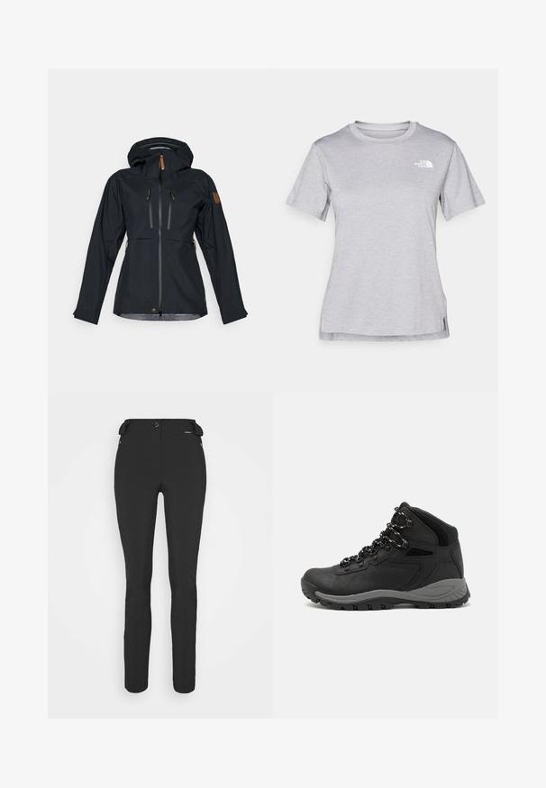 Fekete vízálló dzseki kapucnival, két cipzáras mellzsebbel és barna bőrfogantyúkkal ellátott cipzárakkal. Sima textúra, állítható mandzsettákkal.; Szürke, rövid ujjú póló, puha, nedvességet elvezető anyagból készült. Kerek nyakú, és egy kis fehér logó található a bal felső részen.; Fekete, testhezálló nadrág rugalmas anyagból. Jellemzők: cipzáras oldalzseb, artikulált térdek és sima felület.; Fekete túracipő közepes magasságú kialakítással, texturált felsőrésszel, szürke részletekkel és strapabíró gumitalppal, amelynek tapadós kiemelkedései vannak.