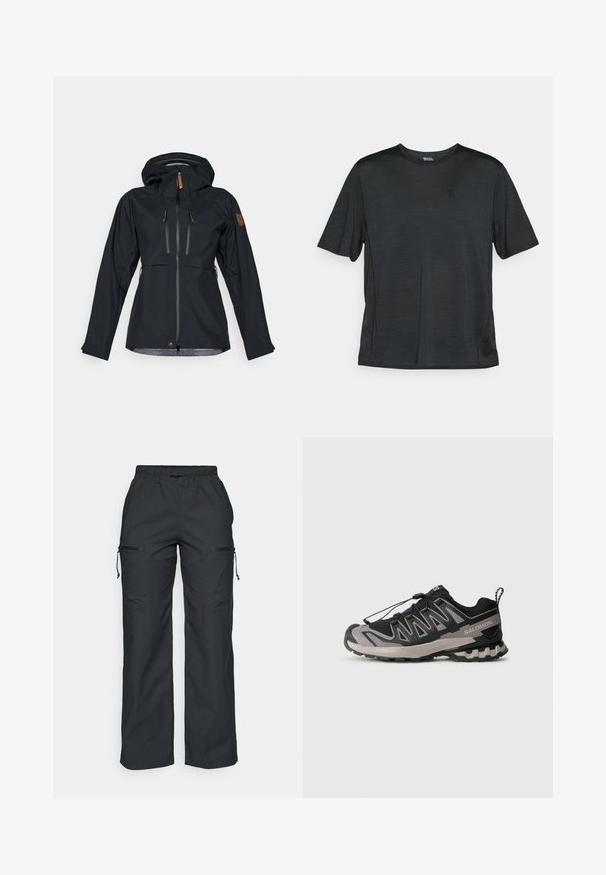 Černá voděodolná bunda s kapucí, dvěma zipovými kapsami na hrudi a zipy s hnědými koženými táhlíky. Hladká textura s nastavitelnými manžetami.; Černé sportovní tričko s krátkým rukávem vyrobené z lehkého, vlhkost-odpudivého materiálu. Má kulatý výstřih a malé logo na hrudi.; Peak Performance CARGO PANTS - Outdoorové kalhoty - black; Černá a šedá sportovní obuv s síťovaným svrchem, gumovou podrážkou a elastickým šněrovacím systémem. Obsahuje zesílenou špičku a texturované akcenty.