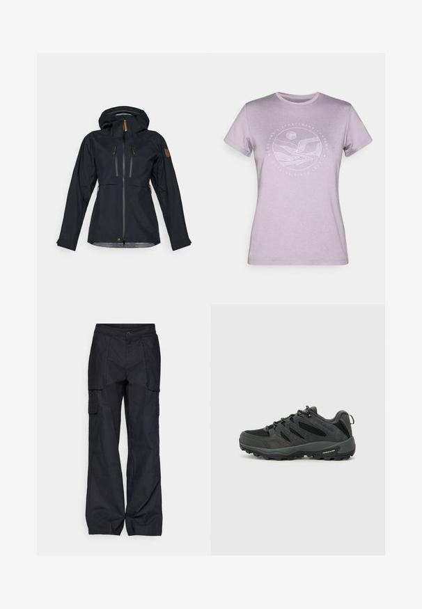 Veste noire imperméable avec capuche, deux poches poitrine zippées et zips avec tirettes en cuir marron. Texture lisse avec des poignets ajustables.; T-shirt léger violet à manches courtes en tissu doux, avec un graphique circulaire blanc représentant des montagnes et un soleil, accompagné du texte "Columbia Sportswear Company."; Columbia BREA FALLS™ COTTON RIPSTOP PANT - Pantalons outdoor - black; Columbia REDMOND - Chaussures de marche - black/citron haze