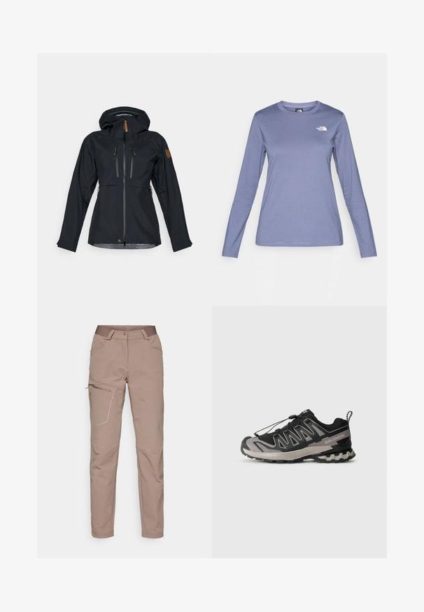 Giacca nera impermeabile con cappuccio, due tasche sul petto con zip e cerniere con tiranti in pelle marrone. Tessuto liscio con polsini regolabili.; Camicia a maniche lunghe in tessuto lilla chiaro, con collo a giro e logo The North Face bianco sul lato sinistro del petto. Texture liscia, vestibilità casual.; Salomon WAYFARER WARM PANTS - Pantaloni outdoor - iron; Scarpa sportiva nera e grigia con tomaia in rete, suola in gomma e sistema di lacci elastici. Presenta una punta rinforzata e dettagli testurizzati.