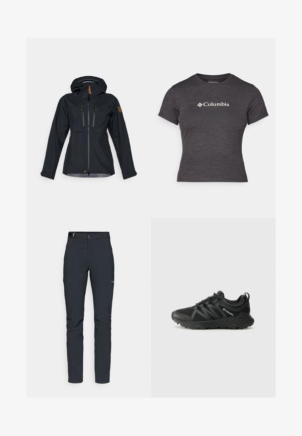 Juodas vandeniui atsparus švarkas su gobtuvu, dviem užtrauktukais uždaromomis krūtinės kišenėmis ir užtrauktukais su rudos odos trauklėmis. Lygus audinys su reguliuojamais rankogaliais.; Tamsiai pilkas trumpas rankovės marškinėlis, pagamintas iš tekstūruoto audinio, su apvaliu kaklu, puošta balta Columbia logotipu krūtinėje.; Vyrų lauko kelnės, tamsiai pilkos, pagamintos iš elastingos medžiagos, su diržu, užtrauktukais užtraukiamomis kišenėmis ir sustiprinta siūle.; Columbia PEAKFREAK - Turistiniai batai - black
