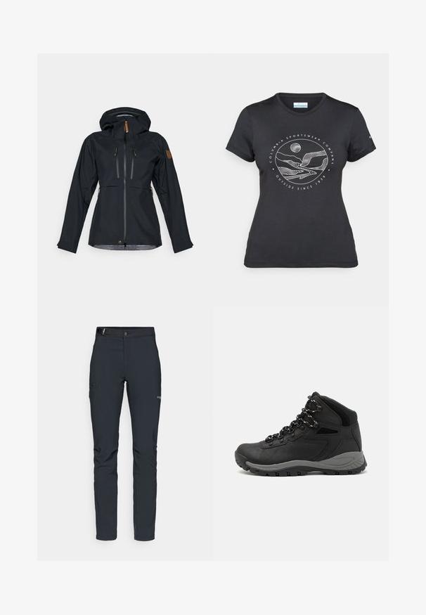 Schwarze wasserdichte Jacke mit Kapuze, zwei mit Reißverschluss versehenen Brusttaschen und Reißverschlüssen mit Ziehriemen aus braunem Leder. Glatte Textur mit verstellbaren Bündchen.; Schwarzes Columbia-T-Shirt mit weißer kreisförmiger Berg- und Fluss-Linienkunst und dem Text "Columbia Sportswear Company - Draußen seit 1938."; Herren Outdoor-Hosen, dunkelgrau, aus flexiblem Material, mit einem Gürtel, Reißverschlusstaschen und verstärkten Nähten.; Schwarzer Wanderstiefel mit einem mittelhohen Design, ausgestattet mit einer strukturierten Oberfläche, grauen Akzenten und einer robusten Gummisohle mit Profilstollen.