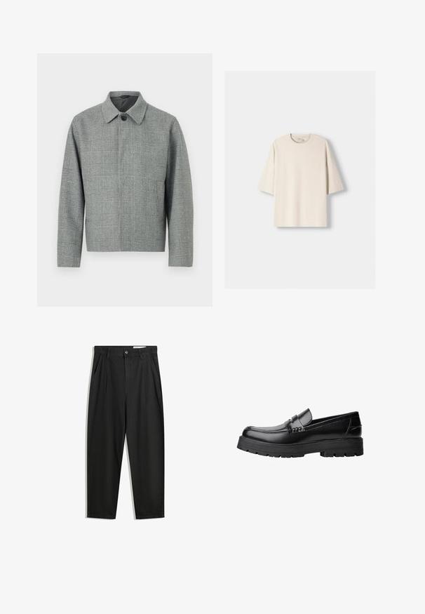 Grau kariertes Sakko mit Kragen, vorderem Knopfverschluss, langen Ärmeln und taillierter Passform. Aus strukturiertem Stoff mit Muster.; Beige oversized Baumwoll-T-Shirt mit Rundhalsausschnitt und kurzen, leicht fallenden Ärmeln. Glatte Textur, minimalistisches Design, keine Muster oder Akzente.; Schwarze Baumwollhose mit lockerem Schnitt, ausgestattet mit einem klassischen Bund, vorderen Falten und Seiten taschen. Glatte Textur ohne Muster.; Schwarzer Lederloafer mit grobem, rutschfestem Sohlenprofil und dekorativem Riemen über der Oberseite, seitlich links auf weißem Hintergrund abgebildet.