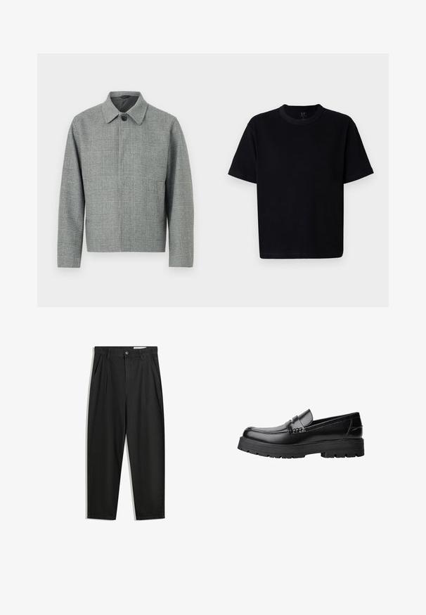 Szürke kockás dzseki, gallérral, elülső gombos záródással, hosszú ujjal és strukturált fazonnal. Texturált szövetből készült, mintás kialakítással.; Fekete pamut póló, kerek nyakkivágással, rövid ujjakkal és egyenes szabással. Minimalista varrással és puha, sima textúrával rendelkezik.; Fekete pamut nadrág laza szabással, klasszikus derékrésszel, elülső hajtásokkal és oldalsó zsebekkel. Simább textúra minta nélkül.; Fekete bőr loaferek vastag, bordázott talppal és díszcsíkkal az upper rész felett, bal oldali profilmódban, fehér háttér előtt.
