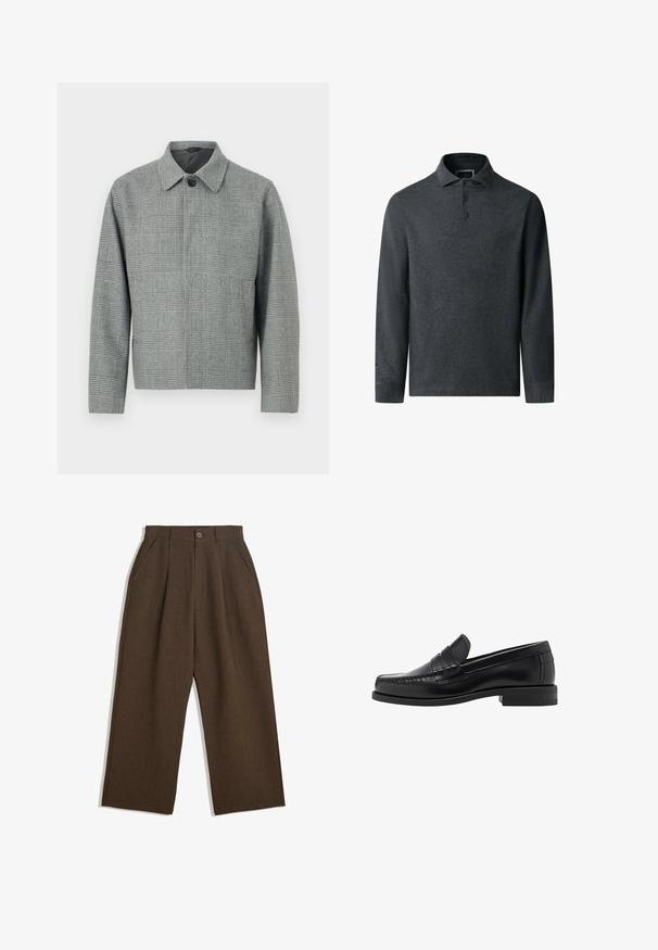 Gråternet jakke med krave, knaplukning foran, lange ærmer og en struktureret pasform. Lavet af tekstureret stof med et mønster.; Mørkegrå langærmet polo skjorte med struktureret stof, krave og tre-knaps placket. Har en lige kant og diskret syning.; Brune, plisserede bukser med et vidde-design, der har en knaplukning og sidelommer, lavet af struktureret stof, der er egnet til afslappet brug.; Sorte læder loafers med en glat finish, syede detaljer på tåen og et lavt hældesign for komfort og stil.