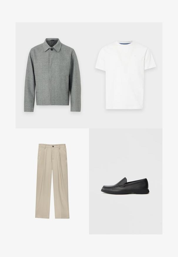 Harma ruuduline jakk, millel on krae, esipaneeliga nööbid, pikad varrukad ja struktureeritud lõige. Valmistatud tekstuuriga kangast, millel on muster.; Valkoinen lyhythihainen t-paita, joka on valmistettu puuvillasta. Tässä paidassa on pyöreä kaula-aukko, jossa on sininen sisäinen reunus, ja rintakehässä on huomaamaton brodeerattu logo.; Beige-housut suoran leikkauksen omaavina, joissa on yksi musta nappi, vyölenkit ja sivutaskut. Sileä kangas ja minimalisti muotoilu.; Musta nahkainen liukuvi loafer, jossa on tekstuuripinta, pyöreä kärki, matala korko ja kumipohja, esitelty sivuprofiilissa valkoisella taustalla.