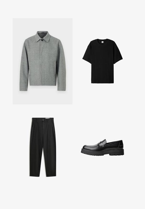 Šedá kockovaná bunda s golierom, predným zapínaním na gombíky, dlhými rukávmi a vyváženým strihom. Vyrobená z textúrovanej tkaniny so vzorom.; Čierne ryhované tričko s krátkym rukávom a okrúhlym výstrihom, ponúkajúce voľný strih a textúrovaný povrch. Jednoduchý dizajn; bez grafiky alebo akcentov.; Čierne bavlnené nohavice s voľným strihom, s klasickým pásom, prednými záhybmi a bočnými vreckami. Hladká textúra bez vzorov.; Čierne kožené mokasíny s masívnou podrážkou a dekoratívnym pásom cez hornú časť, zobrazené z ľavého bočného profilu na bielom pozadí.