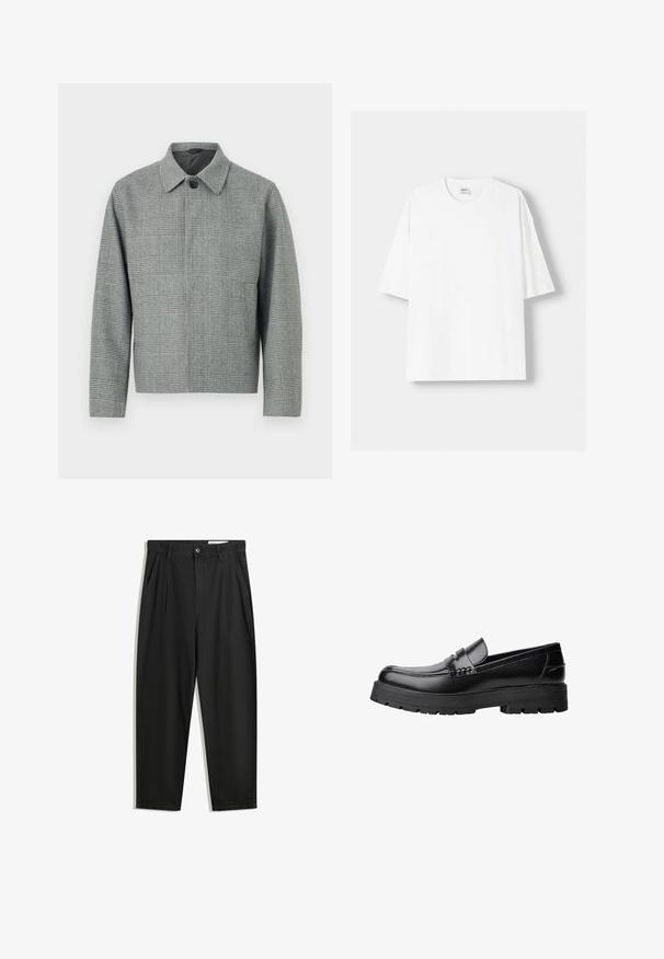 Szürke kockás dzseki, gallérral, elülső gombos záródással, hosszú ujjal és strukturált fazonnal. Texturált szövetből készült, mintás kialakítással.; Fehér, rövid ujjú pamut póló, kerek nyakkivágással és laza szabással. Simább textúra, látható minták vagy díszítések nélkül.; Fekete pamut nadrág laza szabással, klasszikus derékrésszel, elülső hajtásokkal és oldalsó zsebekkel. Simább textúra minta nélkül.; Fekete bőr loaferek vastag, bordázott talppal és díszcsíkkal az upper rész felett, bal oldali profilmódban, fehér háttér előtt.