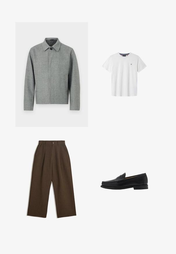 Gråternet jakke med krave, knaplukning foran, lange ærmer og en struktureret pasform. Lavet af tekstureret stof med et mønster.; Hvid bomulds T-shirt med korte ærmer, rund hals og et marineblåt kors emblem på venstre bryst. Har et mønstret inderside af kraven.; Brune, plisserede bukser med et vidde-design, der har en knaplukning og sidelommer, lavet af struktureret stof, der er egnet til afslappet brug.; Mango Business loafers - black