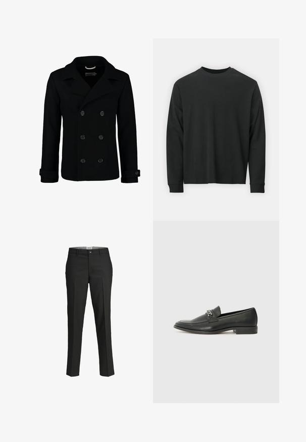 Črn dvoredni peacoat iz volne, ki ima izrezan ovratnik, velike gumbe in zavihane manšete. Gladka tekstura s krojenim prileganjem.; Dolga majica iz črnega bombaža z dolgimi rokavi, okroglim izrezom in ohlapnim krojem ter rebrastimi manšetami. Gladka tekstura brez vidnih vzorcev.; Črne hlače, krojene prilega, gladka tkanina, srednje visok pas, sprednja zaponka, diagonalne žepke in pregibna podrobnost vzdolž nog.; Črni usnjeni loafer z gladko površino, ki ima šivano zasnovo in dekorativni kovinski verižni naglas preko vampirja. Ravno peto.