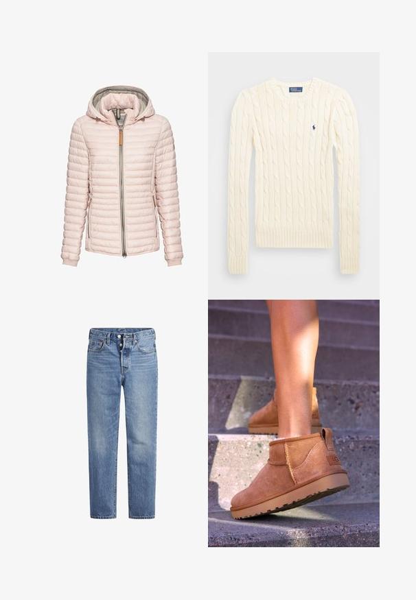 Hellrosa Pufferjacke mit Kapuze, ausgestattet mit horizontalen Nähten, einem Front-Reißverschluss und zwei seitlichen Taschen. Weiche Textur.; Cremefarbener kabelgehäkelter Pullover mit langen Ärmeln, gerippten Bündchen und Saum, mit einem kleinen gestickten Logo auf der linken Brust.; Helle blaue Jeans im geraden Schnitt, mit fünf Taschen und einem Knopfverschluss. Sie weisen dezente Verfärbungen und orangefarbene Nähte auf.; Beige Wildleder-Ankelstiefel mit weicher Textur, gesteppten Details und einer Gummisohle, ausgestattet mit einer Schlaufe an der Ferse für einfaches An- und Ausziehen.