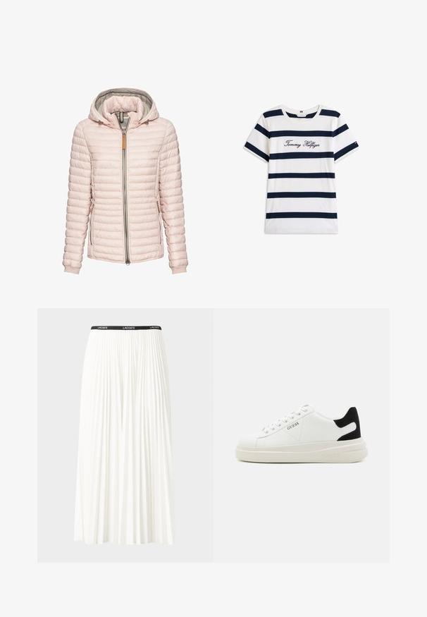 Lichtroze pufferjack met een capuchon, met horizontale stiksels, een ritssluiting aan de voorkant en twee zijzakken. Zachte textuur.; Katoenen T-shirt met horizontale marineblauwe strepen op een witte achtergrond. "Tommy Hilfiger" geborduurd in cursieve letters op de borst. Ronde hals.; Plisséminirok in het wit met een zwarte elastische tailleband met het "LACOSTE"-logo. Middellange ontwerp met een zachte textuur.; Witte leren sneakers met een dikke witte zool, zwarte suède hielaccent en een geperst logo op de zijkant. Vetersluiting met zes oogjes.