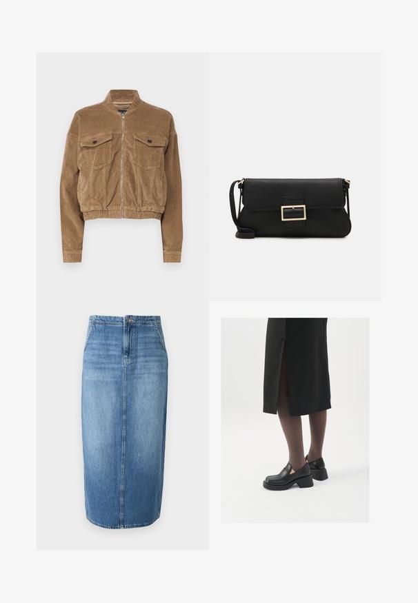 Trumpas rudas kordūrų švarkas su dviem krūtinės kišenėmis, stovinčia apykakle ir priekiniais užtrauktukais. Struktūrizuota medžiaga su matomomis raukšlėmis.; JDY JDYDINEA L/S REVERSIBLE - Džemperis - fern; Šviesiai mėlyna džinsinė pieštuko sijonas su tiesiu siluetu, priekiniais mygtukais ir subtiliu blukimu. Apačia siekia virš kelių.; Juodos odinės bateliai su apvaliu nosiu, stora blokine pakulne ir elastingais šonais, derinami su tamsiomis pėdkelnėmis ir juoda sijonu su plyšiu.; Juodas odinis dėkliukas su atvarteliu ir auksinės metalinės sagties detalėmis. Įeina juodas diržas ir elegantiškas, minimalistinis dizainas.