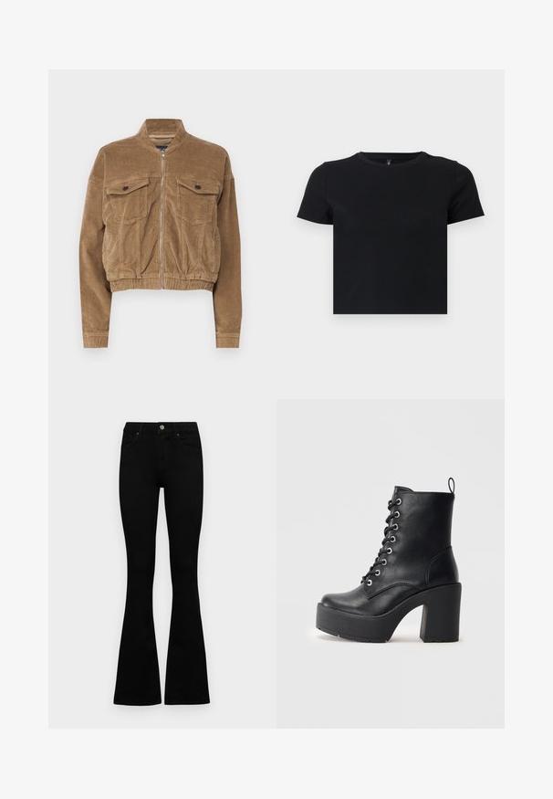 Skraćena smeđa baršunasta jakna s dva džepa na prsima, okovratnikom i zatvaranjem na patentni zatvarač. Teksturirana tkanina s vidljivim rebrastim uzorkom.; Crna majica s kratkim rukavima napravljena od mekanog pamuka. Ima okrugli izrez i pripijen kroj. Glatka tekstura bez uzoraka ili naglasaka.; Crne traperice viskog struka s kopčanjem na gumb i rajfeslusu, prednjim džepovima i širom nogavicama položene su ravno na bijeloj pozadini.; Crne kožne gležnjače s masivnom blok petom, vezanjem sprijeda i teksturiranom površinom. Imaju uzicu straga za lakše oblačenje.