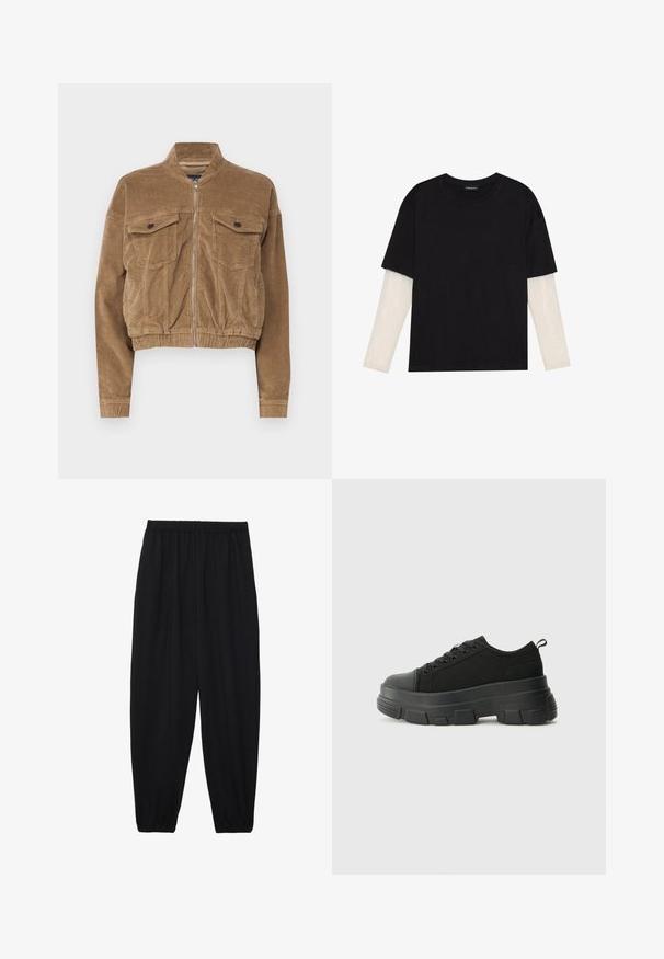 Lühendatud pruunist korduroo jakk, millel on kaks rinnataskut, püsti krae ja esiääre lukuga sulg. Tekstuuriga kangas, millel on nähtav ribitus.; Mustmust särk, mis on valmistatud puuvillast, lühikeste varrukatega, valge pika varrukaga kihi peal, millel on peene tekstuuriga muster. Ümar kaelus.; Mustad, kerge kangas püksid elastse vöökoha ja kokku volditud pahkluudega. Kanga pind on sile ja disain on lõdvestunud, kitsenev.; Mustad mustad mustikad, millel on tugev kummist põhi, tekstuuriga kangast pealis, ümar varvas ja seotud disain. Omab tugevdatud silmuseid ja tagumist tõmbeotsta.