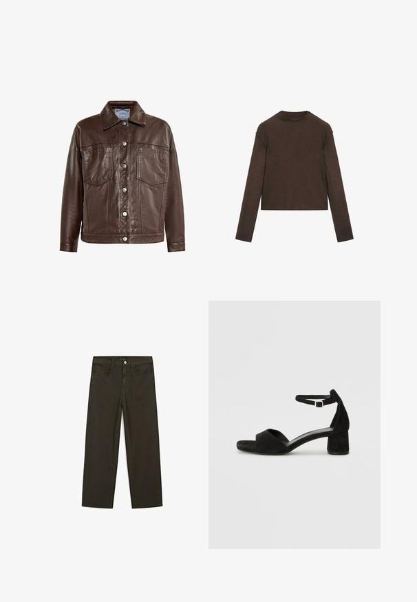 Bruine leren jas met een kraag, knoopsluiting, twee voorzakken en een gladde structuur. Kenmerken zilverkleurige knopen en stikseldetails.; Donkerbruine trui met lange mouwen, ronde hals, iets cropped pasvorm en een eenvoudig, naadloos ontwerp.; Donkergroene wijde jeans van een katoenmix, met een sluiting met een voorste knop, vijf zakken en klassieke denimstiksels.; Zwarte suede hakken met een dunne enkelband, open teen ontwerp en een bescheiden blokhak. Zachte textuur en minimale accenten.