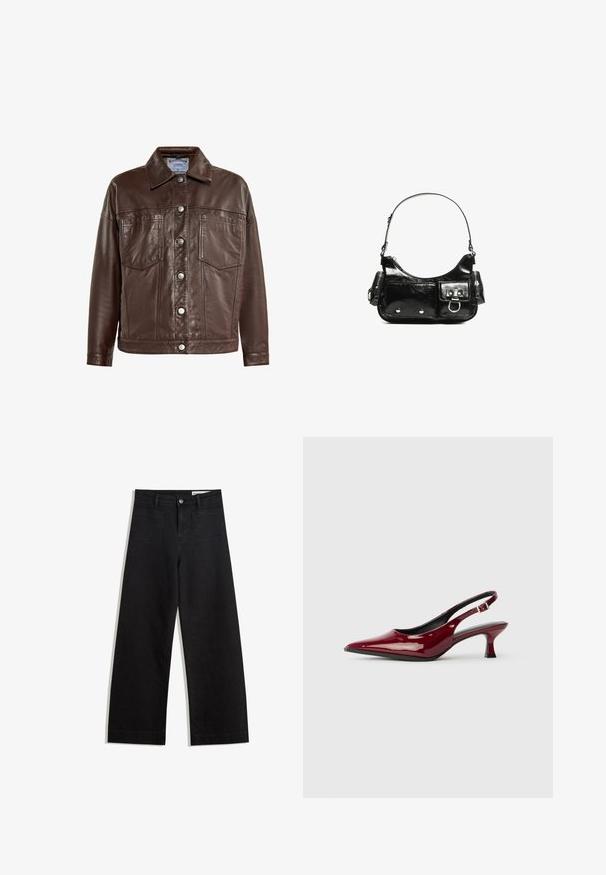 Giacca in pelle marrone con colletto, chiusura a bottone, due tasche anteriori e una texture liscia. Presenta bottoni in tonalità argento e dettagli di cucitura.; Top senza maniche marrone con scollo quadrato, realizzato in tessuto morbido ed elastico. Presenta un design aderente e cuciture piatte.; Pantaloni in denim neri a gamba larga con vita alta, dotati di tasche anteriori e posteriori, cuciture a punto, e chiusura con bottone. Texture liscia.; Décolleté in pelle verniciata bordeaux con punta affusolata e tacco a spillo elegante. Design aperto sul retro con dettaglio della fascia alla caviglia regolabile.; Borsa a spalla in vernice nera con forma curvata, una tracolla, tasche frontali e dettagli in metallo argentato.