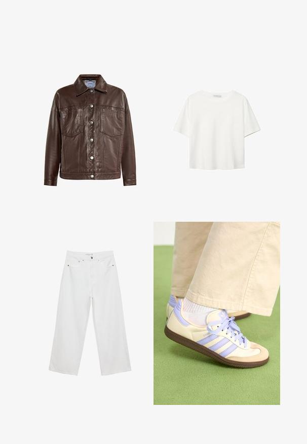 Ruskea nahkatakki, jossa on kaulus, napitus, kaksi etutaskua ja sileä pinta. Varustettu hopeanvärisillä napeilla ja ompeluyksityiskohdilla.; Valkoinen lyhythihainen T-paita, joka on tehty puuvillasta. Siinä on pyöreä kaula-aukko ja rento malli. Silkkinen pinta ilman näkyviä kuvioita tai koristeita.; Valkoiset leveälahkeiset farkut, joissa on korkea vyötärö. Tämä malli sisältää viisi taskua ja metallisia yksityiskohtia. Kankaan pinta on sileä, ilman näkyviä kuvioita.; Kermasilta ja laventelilta näyttävät lenkkarit kolmella raidalla ja teksturoidulla ruskealla pohjalla, varustettuna nauhoilla ja pehmustetulla kantapäällä. Pehmeä kangaspinta.