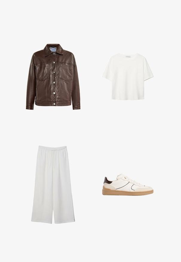 Braune Lederjacke mit Kragen, Knopfverschluss, zwei vorderen Taschen und glatter Textur. Hat silberfarbene Knöpfe und Nähdetails.; Weißes T-Shirt mit kurzen Ärmeln aus Baumwolle. Hat einen Rundhalsausschnitt und eine lockere Passform. Glatte Textur ohne sichtbare Muster oder Akzente.; Weiße, weit geschnittene Hosen aus leichtem Stoff, mit einem elastischen Bund und einem Zugband für eine verstellbare Passform. Glatte Textur.; Stradivarius Sneaker low - white