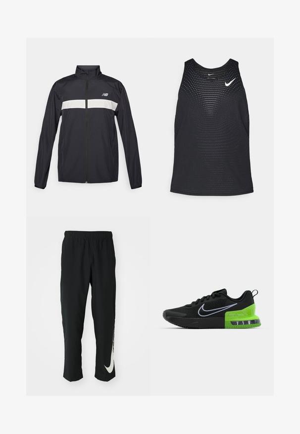 Casaco corta-vento preto com fecho frontal, gola alta e faixa horizontal branca no peito. Apresenta o logotipo da New Balance.; Camisola de desporto preta sem mangas com uma textura perfurada e decote redondo. Apresenta um logótipo branco da Nike no peito.; Calças atléticas pretas com cintura elástica, design afunilado, apresentando um grande logótipo branco da Nike na perna esquerda. Tecido macio e leve.; Sapatilha desportiva preta com parte superior em malha, apresentando uma sola verde e preta com amortecimento de ar, e um logo swoosh branco da Nike.