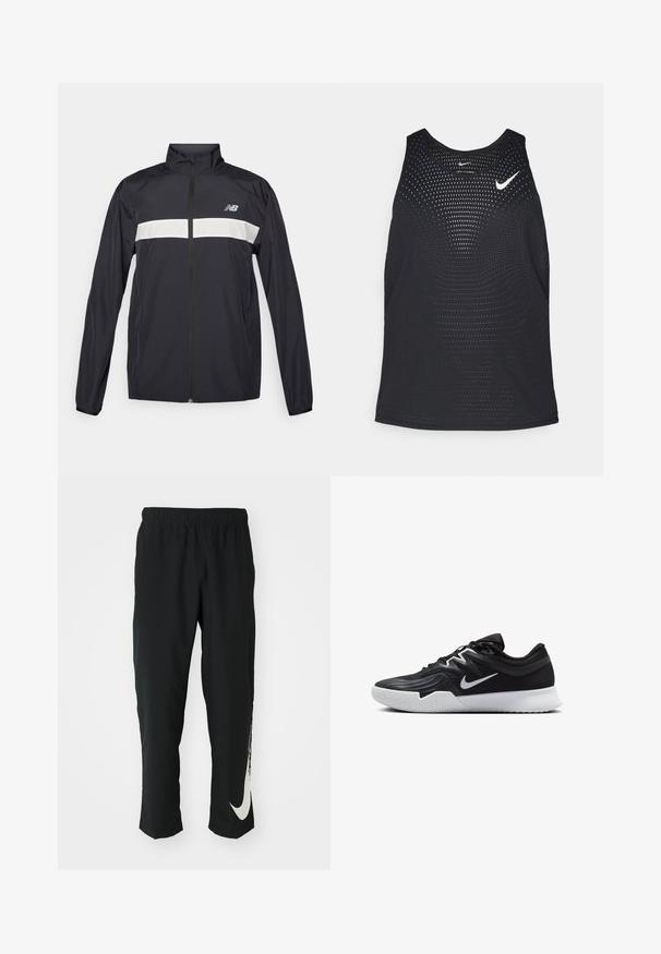 Casaco corta-vento preto com fecho frontal, gola alta e faixa horizontal branca no peito. Apresenta o logotipo da New Balance.; Camisola de desporto preta sem mangas com uma textura perfurada e decote redondo. Apresenta um logótipo branco da Nike no peito.; Calças atléticas pretas com cintura elástica, design afunilado, apresentando um grande logótipo branco da Nike na perna esquerda. Tecido macio e leve.; Sapatilha atlética preta com um cabedal texturizado, swoosh branco da Nike e uma sola de borracha branca. Apresenta um design com atacadores e uma forma dinâmica.