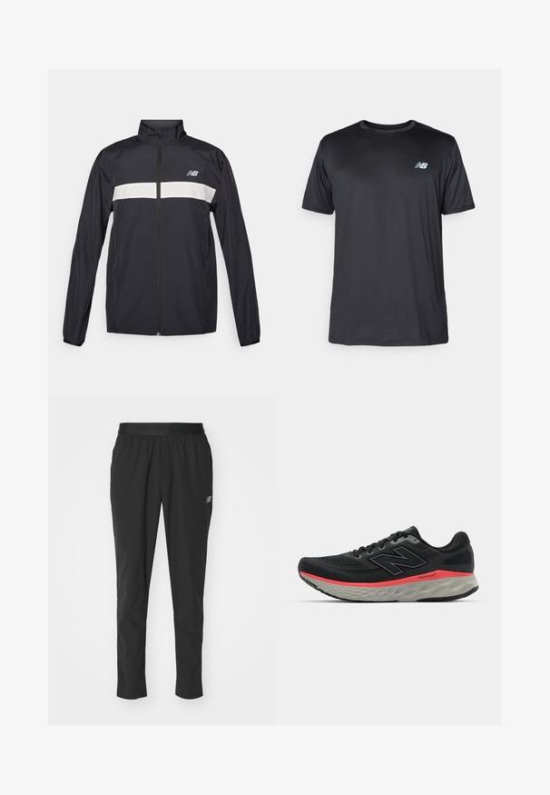 Svart vindtett jakke med frontglidelås, høy krage og hvit horisontal stripe over brystet. Har New Balance-logoen.; New Balance T-skjorte til trening - black; Svarte treningbukser laget av lett materiale med elastisk midjebånd, smalere design og subtil logo detaljer på siden.; Svarte joggesko med mesh-overdel, accentuert av en rosa mellomsålestripe og grå yttersåle. Har teksturerte detaljer og et fleksibelt såledesign.