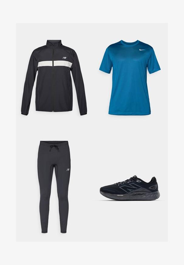 Casaco corta-vento preto com fecho frontal, gola alta e faixa horizontal branca no peito. Apresenta o logotipo da New Balance.; T-shirt atlético de manga curta em azul, feito de um tecido liso e que absorve a humidade. Apresenta um decote redondo e um pequeno logótipo no peito.; Leggings atléticas pretas feitas de tecido elástico. Apresentam um cós com cordão e um pequeno logótipo refletor na parte frontal da coxa direita.; Ténis de corrida masculinos em malha preta com uma sola cinza espessa, textura circular e detalhes refletivos. Apresenta o logótipo "New Balance" de um lado.