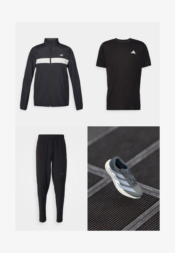 Čierny vetrovka s predným zipsom, vysokým golierom a bielym vodorovným pruhom cez hruď. Obsahuje logo New Balance.; Čierne bavlnené tričko s krátkymi rukávmi, klasickým výstrihom a bielym logom na ľavej strane hrude. Hladká textúra a jednoduchý dizajn.; Čierne športové nohavice s elastickým pásom, zúženým strihom, bočnými vreckami a nenápadným logom. Vyrobené z flexibilnej, priedušnej tkaniny.; Športová obuv v šedej a bielej farbe, vyrobená z umelých materiálov, s aerodynamickým dizajnom, textúrovaným povrchom a výrazným šnurovacím systémom.