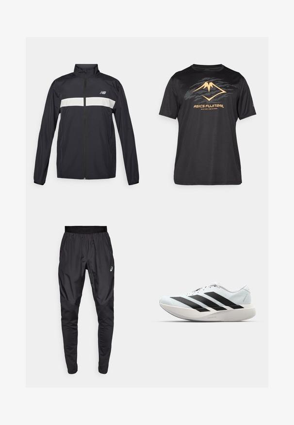 Giacca a vento nera con zip frontale, colletto alto e una striscia orizzontale bianca sul petto. Presenta il logo New Balance.; ASICS FUJITRAIL LOGO TOP - T-Shirt sport - performance black; Pantaloni sportivi neri con una cintura elastica, tasche laterali e pannelli di texture a contrasto sulle gambe. Logo Asics sull'anca.; Scarpe da corsa leggere di colore azzurro pallido con strisce nere. Presentano una tomaia liscia, punta rotonda e un'ampia intersuola bianca etichettata "LIGHTSTRIKE PRO."