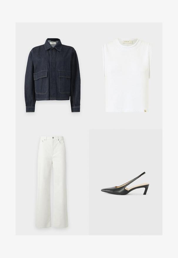 Tamsiai mėlynas džinsinis švarkas su smailiu apykakle, paslėptais priekiniais mygtukais ir dviem didelėmis kišenėmis su dangteliais priekyje.; Balta be rankovių megzta palaidinė su apvaliu kaklu, išraižytu apvadu ir šoninėmis siūlėmis; apačioje yra mažas prekinis ženklas.; Samsøe Samsøe SHELLY - Laisvo kirpimo džinsai - clear cream; Juodas smailus slingback batelis su žemu kulnu, pagamintas iš lygaus odos paviršiaus ir su išpjovomis šone, užtikrinančiomis oro pralaidumą.