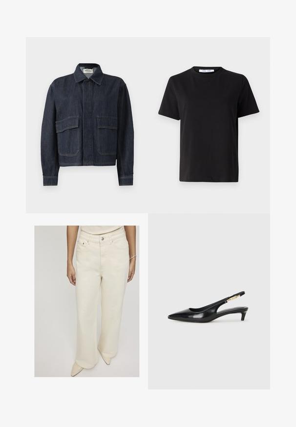 Tamsiai mėlynas džinsinis švarkas su smailiu apykakle, paslėptais priekiniais mygtukais ir dviem didelėmis kišenėmis su dangteliais priekyje.; Juodas trumpas rankovės marškinėliai, pagaminti iš minkštos medvilnės, su apvaliu iškirpimu, laisvu pritaikymu ir lygiu paviršiumi. Nėra matomų raštų ar grafikos.; Kreminės spalvos plačios kojos džinsai, pagaminti iš džinsinio audinio, su aukštu liemeniu, priekinėmis kišenėmis ir vieno mygtuko uždarymu, užtikrinančiu laisvą prigludimą.; Juodas odinis pavasario batelių modelis su smailiu nosiu, turintis siaurą kulniuką ir auksinės spalvos akcentu reguliuojamoje juostoje. Lygi tekstūra.