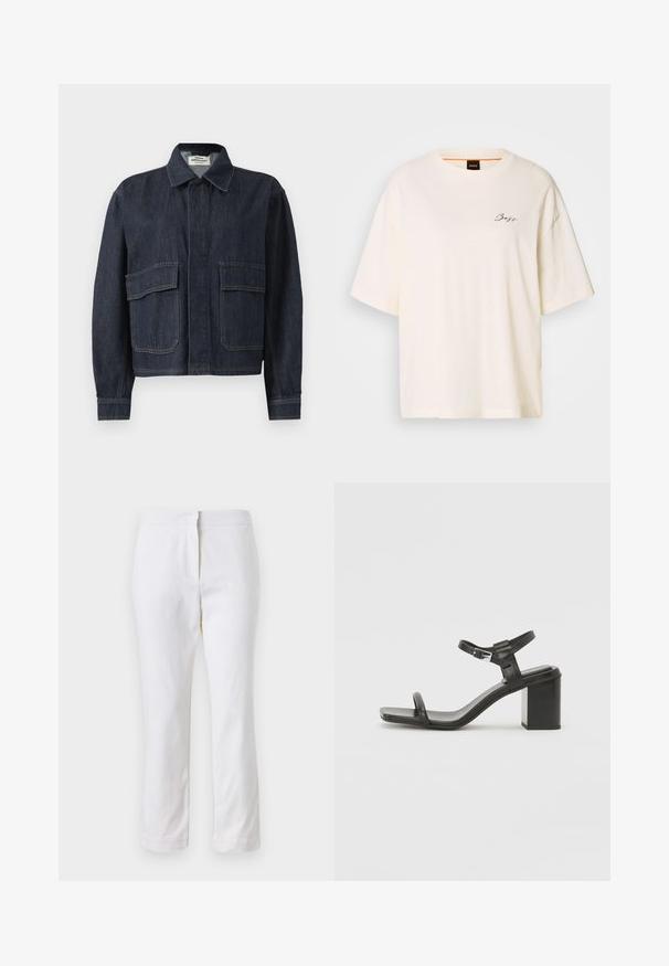 Jachetă din denim bleu închis, cu guler ascuțit, butoane frontale ascunse și două mari buzunare cu clapetă în față.; Tricou alb oversized din material moale, cu guler rotund și mâneci scurte, având un mic logo negru "Boss" pe față.; Pantaloni din bumbac alb, cu un design drept, având talie medie și fără hardware sau modele vizibile. Textură uniformă pe întreaga suprafață.; Sandal din piele neagră cu toc bloc, cu o curea lată peste degete și o curea ajustabilă la gleznă, având un design elegant și minimalist.