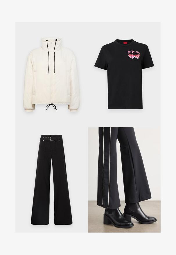 Puffer jacket in cream with a high collar, zip closure, black drawstrings, and elastic cuffs. Features side pockets and a boxy shape.; Black cotton t-shirt with short sleeves featuring a pink graphic of sunglasses and text "Not Your Girl" on the left chest area.; Black wide-leg trousers made from cotton, featuring a high waist, large side pockets, and a belted waist with silver hardware accents.; Black leather ankle boots with a block heel, featuring elastic side panels. Paired with black pants that have a white side stripe.