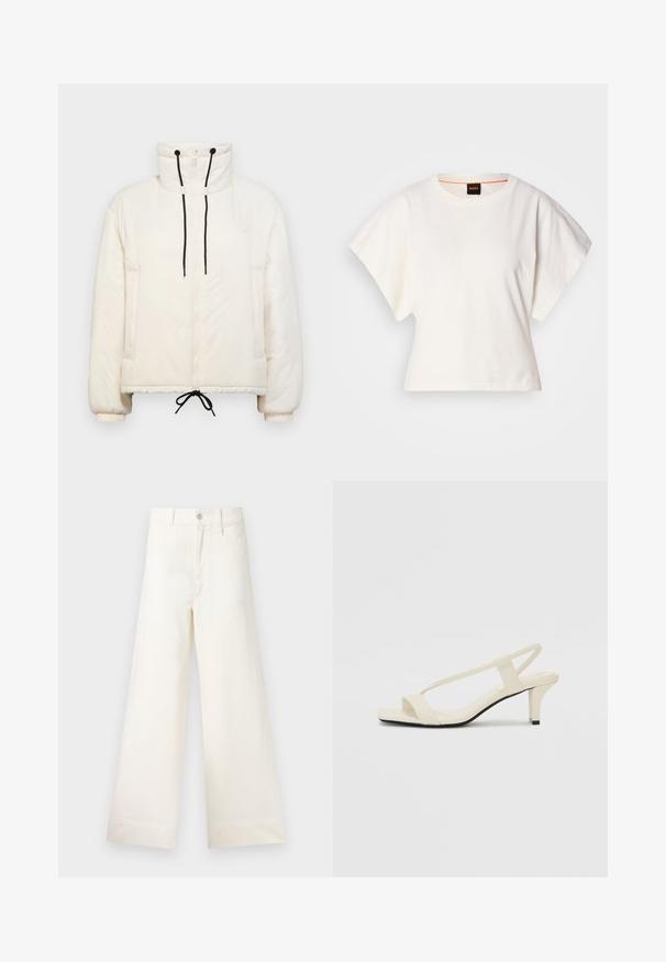 Puffer jacket in cream with a high collar, zip closure, black drawstrings, and elastic cuffs. Features side pockets and a boxy shape.; White cropped T-shirt, short wide sleeves, soft cotton material, round neckline with subtle orange trim, minimal design, no patterns or graphics.; Wide-leg trousers in light beige cotton. Features a high waist, front pockets, and a straight cut. Clean hem finishing without patterns.; Beige block-heeled sandals with thin straps and a square toe. Smooth material with minimal detailing, designed for easy wear.