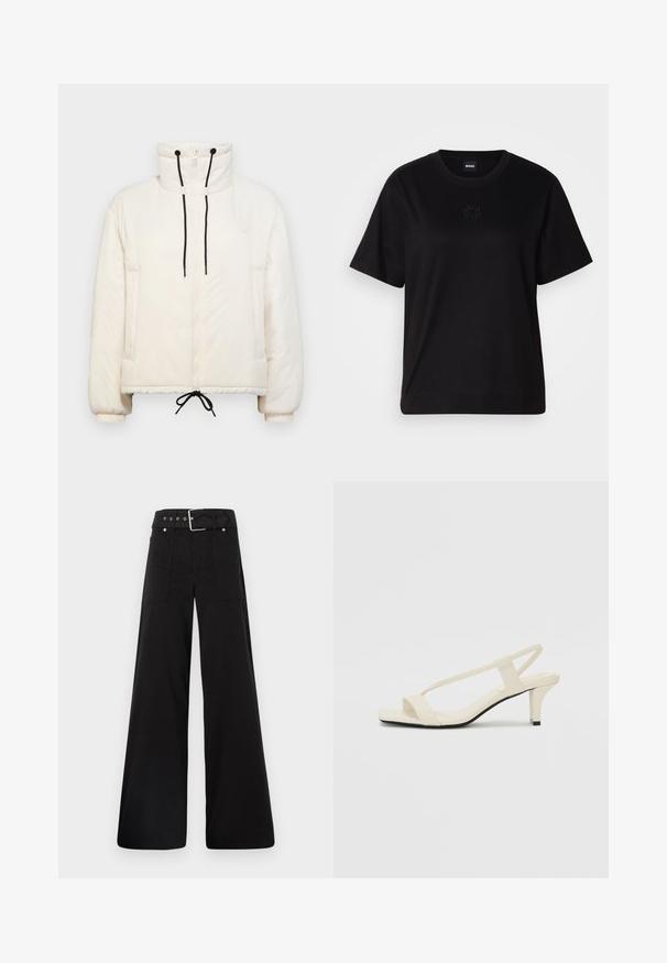 Doudoune crème avec un col montant, fermeture éclair, cordons de serrage noirs et poignets élastiques. Dispose de poches latérales et d'une coupe ample.; T-shirt en coton noir avec un col rond, des manches courtes et un logo brodé sur la poitrine. Coupe simple et décontractée sans motifs.; Pantalons larges noirs en coton, avec une taille haute, de grandes poches latérales et une taille ceinturée avec des accents en métal argenté.; Sandales beiges à talons carrés avec des fines brides et un bout carré. Matière lisse avec des détails minimaux, conçues pour un port facile.
