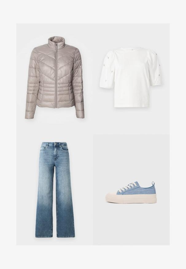 Lightweight, beige puffer jacket with a high collar, front zipper, and horizontal quilted design. Smooth, shiny texture with two side pockets.; White cotton t-shirt with short puff sleeves, featuring small silver embellishments along the sleeves. Classic round neckline, relaxed fit.; Wide-leg denim jeans in light blue wash, featuring a high waist, five-pocket design, and subtle fading on the fabric. Classic metal button closure.; Light blue canvas sneakers with a cream rubber toe cap and outsole, featuring white laces and a pull tab on the heel.