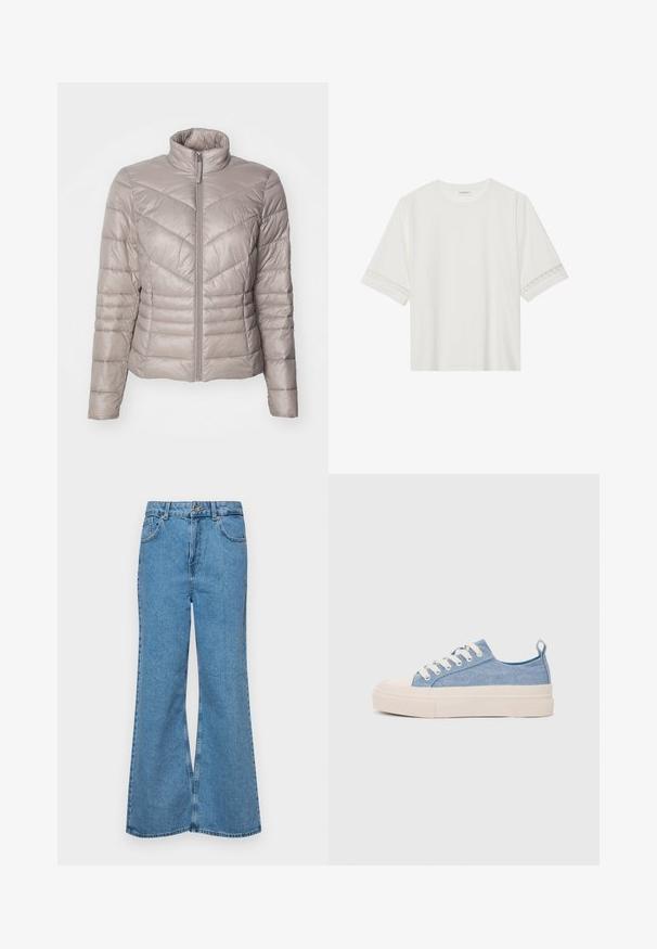 Lagani bež puffer kaput s visokim ovratnikom, prednjim patentnim zatvaračem i horizontalnim kvačinama. Glatka, sjajna tekstura s dva bočna džepa.; Bjela majica kratkih rukava od pamuka, s dekorativnom čipkastom obrubom duž rukava i okruglim izrezom.; Svijetloplave traperice s flared nogavicama, visokog struka, s pet džepova i jednim dugmetom za zatvaranje. Mekani materijal s izblijedjelim izgledom.; Svijetloplave platnene tenisice s kremastim gumenim vrhom i potplatom, koje imaju bijele vezice i petnu traku.