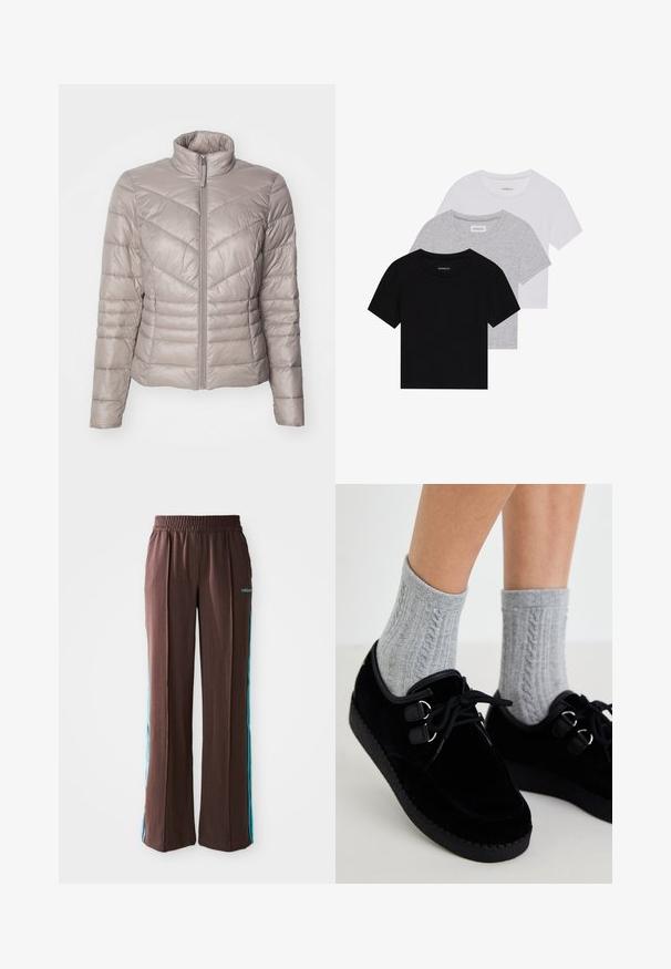 Ľahká, béžová prešívaná bunda s vysokým golierom, predným zipsom a horizontálnym prešívaním. Hladká, lesklá textúra s dvoma bočnými vreckami.; Sada troch tričiek s krátkym rukávom v čiernej, šedej a bielej farbe. Vyrobené z bavlny, s okrúhlym výstrihom a jednoduchým, jednofarebným dizajnom.; Hnedé športové nohavice s rebrovou textúrou, elastickým pásom a tyrkysovými bočnými pruhmi. Na prednej strane sa nachádza logo adidas.; Čierne zamatové topánky so plochou podrážkou, okrúhlym prstom a dvojitými dierkami. Nosené s šedými ponožkami s pleteným vzorom. Hladká textúra a jednoduchý dizajn.