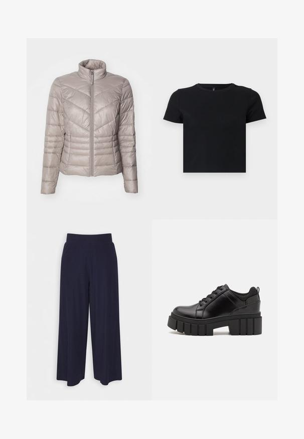 Lahka, bež puhovka z visokim ovratnikom, sprednjim zadrgo in vodoravno prešito zasnovo. Gladka, sijoča tekstura z dvema stranskima žepoma.; Črna majica s kratkimi rokavi, izdelana iz mehke bombažne tkanine. Ima okroglo ovratnico in oprijet kroj. Gladka tekstura brez vzorcev ali dodatkov.; Široke hlače iz temno modrega blaga z rebrasto teksturo. Imajo gladek pas in tekoč silhueto, ki seže do sredine tele.; Črne usnjene platforme z debelim blokastim petam, okroglo konico in klasičnim vezanjem. Imajo gladko teksturo in minimalne podrobnosti.