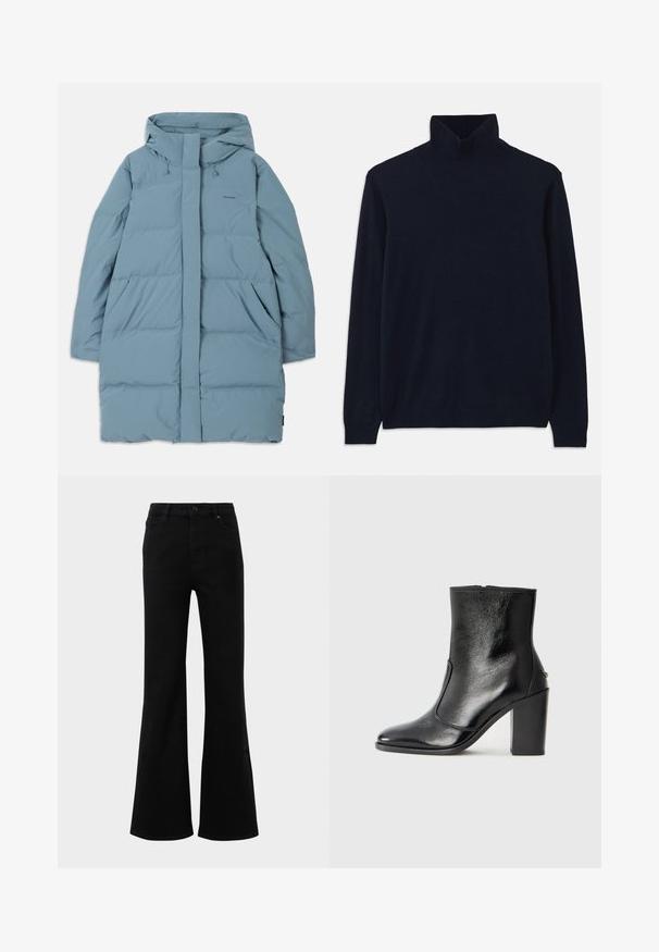 Világoskék puffermellény kapucnival, egészen elől cipzáros, két oldalsó zsebbel és steppelt dizájnnal. Simább, vízálló anyagból készült.; Kék garbó pulóver hosszú ujjal, puha kötött anyagból készült. Bordázott gallérral és mandzsettával rendelkezik, egyszerű dizájnja van, minta nélkül.; Fekete, harangszárú farmernadrág magas derékkal, denimből készült. Szerkezeti zsebekkel és elöl gombos záródással rendelkezik. Simára kidolgozott textúra.; Fekete bőr bokacipő sima textúrával, hegyes orral és vastag, magas sarkával. Oldalnyílással és minimalista dizájnnal rendelkezik.