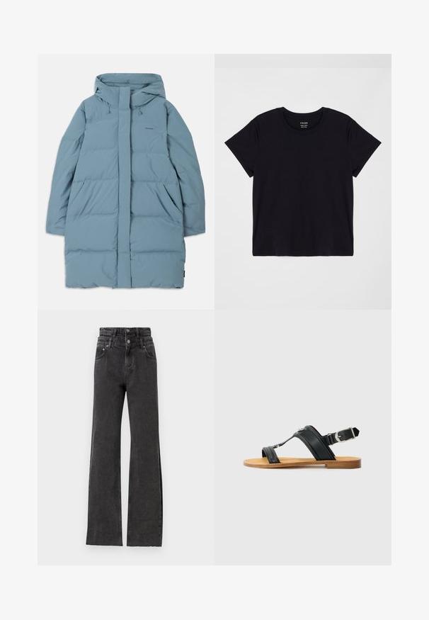 Hele sinine puffer-jope kapuutsiga, täispikka lukuga, kahe küljerauaga ja tikandiga disainiga. Valmistatud siledast, veekindlast kangast.; Lühikeste varrukatega must T-särk, mis on valmistatud pehmest puuvillast. Klassikaline ümmargune kaelus, lihtsa ja ilma kaunistusteta pind ning mugav lõige.; Mustad kõrge vöökohtadega mustad teksad iseloomustavad sirge jala disain, tagasihoidlik kulumisjälgede detail, ning metallist nupud vöö kohal.; Mustad mustad nahast sandaal reguleeritava pandlaga, lame pruuni tallaga, ja kaks laia rihma, mis ületavad jalga, minimalistik disain.