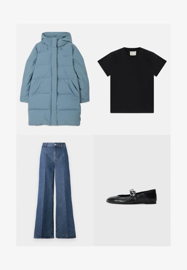 Light blue puffer coat with a hood, full front zipper, two side pockets, and a quilted design. Made from smooth, waterproof fabric.; Black short-sleeve crew neck t-shirt with a white tag inside the collar labeled "D.R.C. EST. 2002" on a white background.; Wide-leg blue denim jeans with a high waist, featuring classic five-pocket styling and a button closure, made from textured cotton fabric.; Black leather ballet flats with a pointed toe, featuring a strap with a circular metallic buckle and a flat sole.