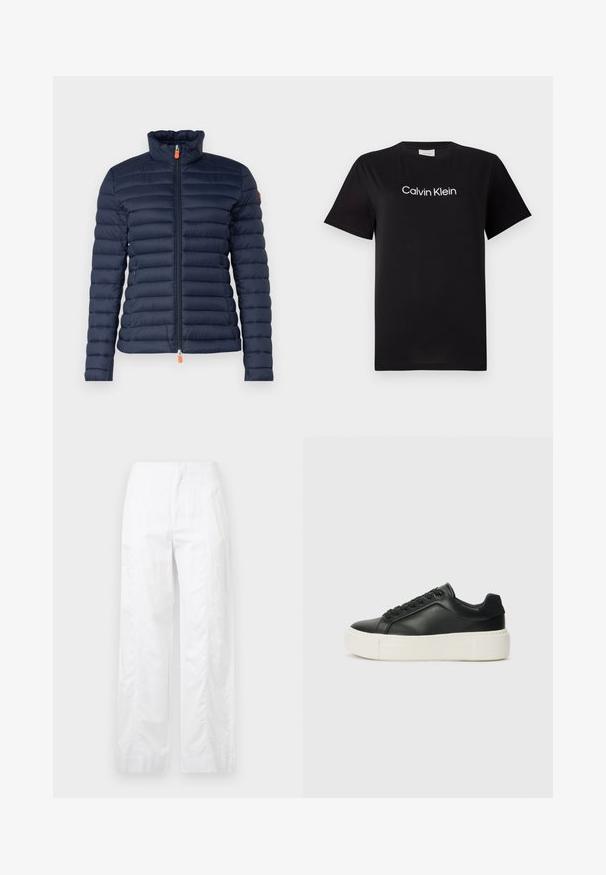 Marineblaue Pufferjacke mit hohem Kragen, horizontalem Steppmuster, Frontreißverschluss mit orangefarbigem Zugband und ohne sichtbare Markenzeichen.; Schwarzes Baumwoll-T-Shirt mit kurzen Ärmeln, mit einem weißen Logo "Calvin Klein", das quer über die Brust gedruckt ist. Klassisches Rundhalsausschnitt-Design.; Weiße, weit geschnittene Hosen aus leichtem Stoff, mit glatter Textur, klaren Linien und einem Hochbund-Design.; Schwarze Leder-Sneaker mit abgerundeter Zehenpartie, weißer Plattformsohle und schwarzen Schnürsenkeln. Verfügt über ein dezentes Logo an der Ferse und eine glatte Textur.