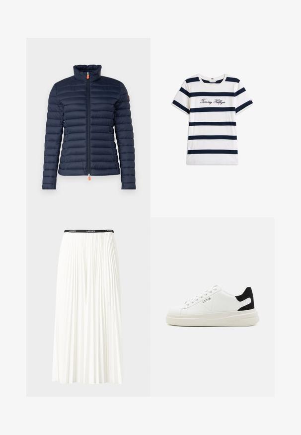 Tengeri kék puffermellény magas gallérral, vízszintesen steppelt dizájnnal, elöl zippzárral és narancssárga húzózárral, látható márkázás nélkül.; Fehér alapú, vízszintes sötétkék csíkos pamut póló. A mellkason írásos stílusban hímzett "Tommy Hilfiger" felirat. Kerek nyakú.; Plisszírozott fehér szoknya fekete elasztikus derékkal, amelyen a "LACOSTE" logó található. Középhosszú kialakítás, puha tapintással.; Fehér bőr sportcipők vastag fehér talppal, fekete velúr sarokpikkelyel és dombornyomott logóval az oldalon. Fűzős kialakítás, hat fűzőlyukkal.