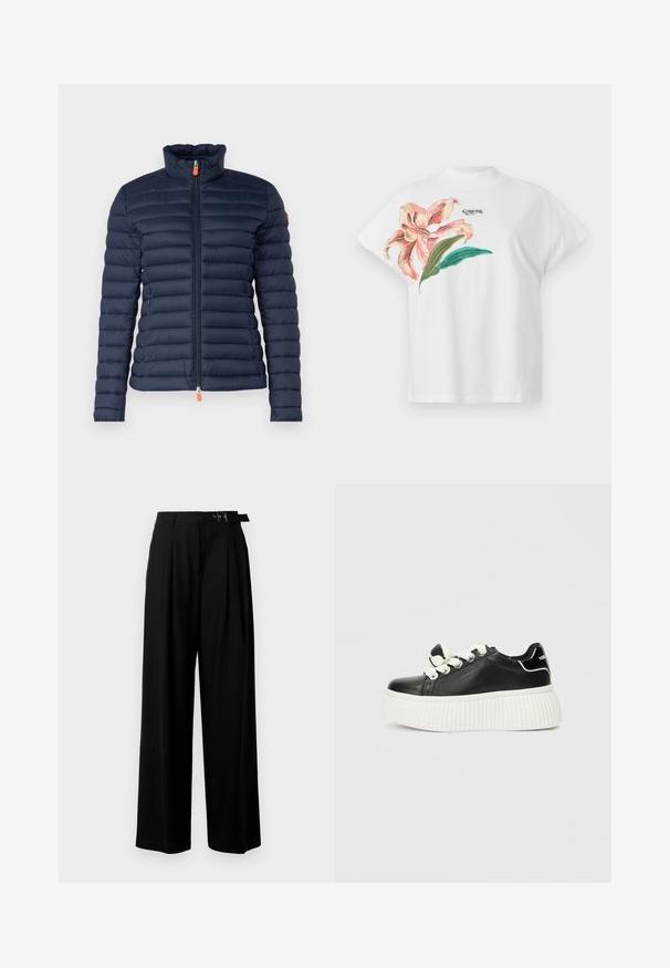 Casaco puffer azul-marinho com gola alta, design acolchoado horizontal, fecho frontal com puxador laranja e sem marcas visíveis.; T-shirt de algodão branco com mangas curtas, apresentando um design floral em rosa e folhas verdes do lado esquerdo. Logótipo "Guess" em cinza acima do design.; Calças largas pretas de cintura alta, com pregas à frente e um cinto com fivela. Feitas de um tecido liso e leve.; Sapatilha de couro preto com uma sola grossa branca e canelada, apresentando atacadores brancos e um detalhe de laço decorativo na lingueta.