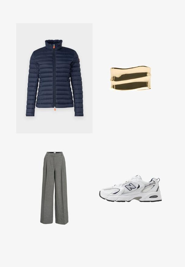 Doudoune marine avec un col haut, design matelassé horizontal, fermeture éclair à l'avant avec tirette orange et sans marquage visible.; Top sans manches noir avec un col rond, fabriqué en tissu doux. Présente une silhouette ajustée et des bords nets. Pas de motifs ou d'accents supplémentaires.; Pantalons larges gris en tissu léger. Dotés d'un devant plissé, d'une taille haute et d'une texture lisse.; B baskets blanches avec une tige en mesh, des accents bleu marine et une semelle rembourrée. Présente le logo "N", des lacets et un détail texturé sur le côté.; Bracelet en métal de couleur dorée avec un design ondulé, présentant des surfaces lisses et une texture brillante et réfléchissante. Pas de motifs ou d'accents visibles.
